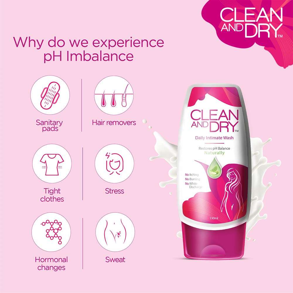 CLEAN & DRY| Daily intimate wash| Hygiene for Women, Vaginal Wash, Smooths Skin | Anti-Bacterial and prevents infections | Restores pH Balanace| No itching, Burning, white Discharge| 90ml pack of 2 3