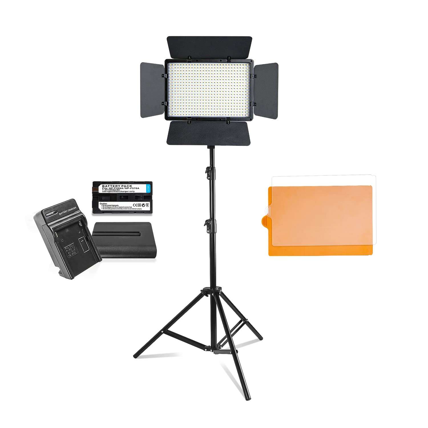 LimoStudio 504 LED Barndoor Dimmable Bi-Color Light, 78" Stand, Batteries, Battery Charger Kit, and Color Gels for Studio Photography, Video Shooting, AGG2834 1