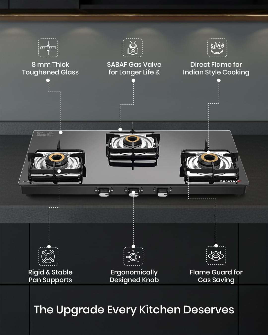 Sujata Classic Gas Stove | 9 Years Warranty | 3 Burner Gas Stove Glass Top, Stove 3 Burner, Gas Stove 3 Burners, SABAF, ISI Certified, LPG & PNG Compatible, Jumbo Brass Burner (Black) 5