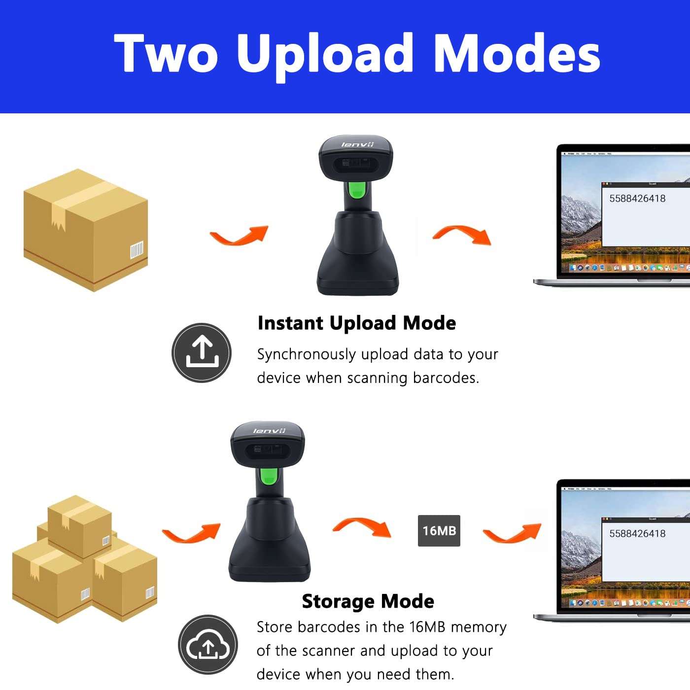LENVII CW770 Bluetooth Barcode Scanner with Wireless Screen and Base 2D Barcode Scanner Handheld QR Code Scanner Wired one-Dimensional Barcode Scanner for Stores, supermarkets, and Warehouses 6