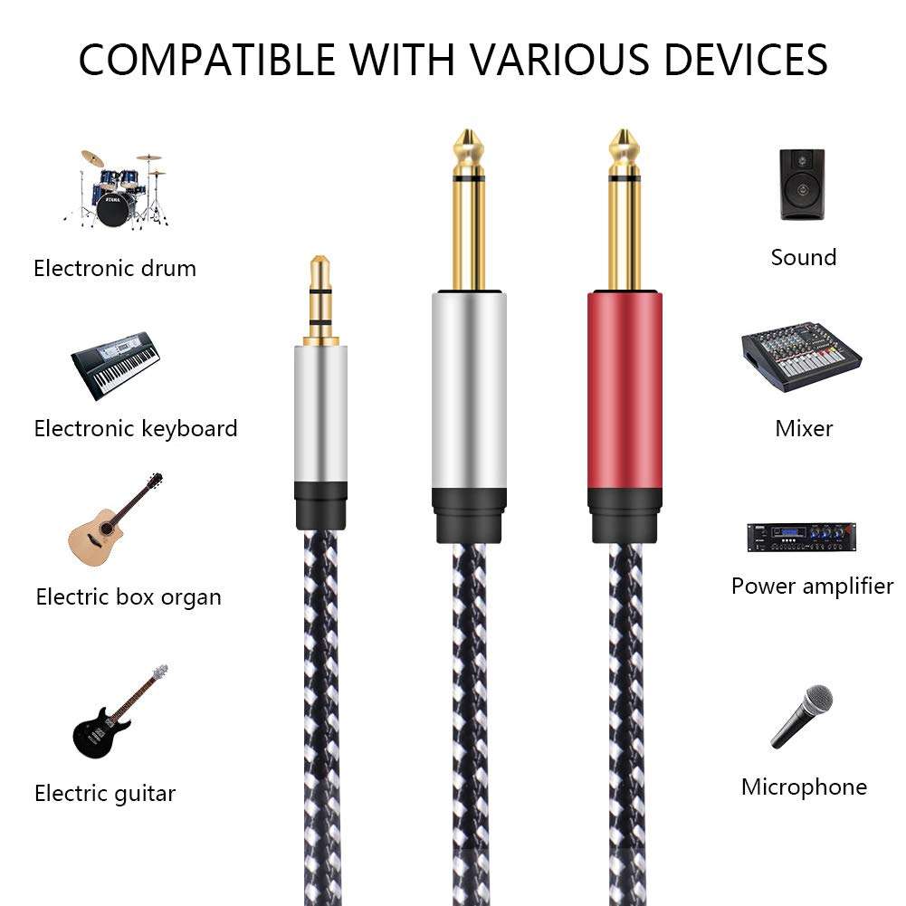 Audio Y-Splitter Cable 20FT, 1/8" TRS Stereo to Dual 1/4" TS Mono Jack 3.5mm Aux Mini Jack to 6.35mm Plug Breakout Path Cord for iPhone, iPod, Computer Sound Cards, CD Players, Multimedia Speakers 4