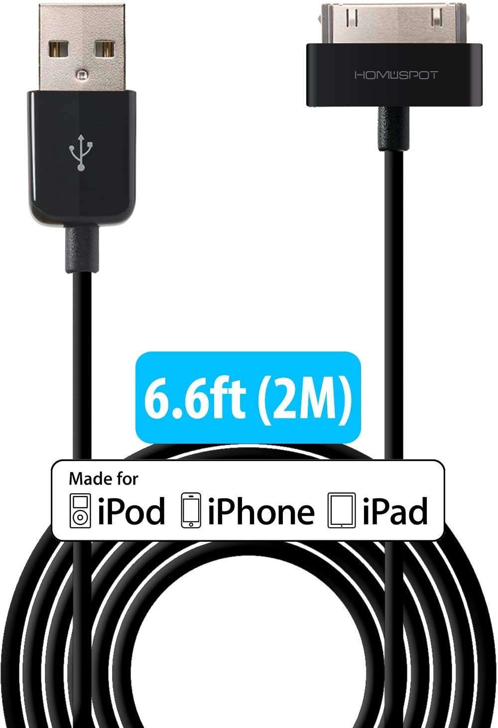 HomeSpot Sync & Charge 30 pin to USB Cable 6.6ft (2M) Extra Long Charging Cable Compatible with iPhone 4, iPhone 4S, iPad 1/2/3, iPod Touch, iPod Nano (1 Pack- Black)