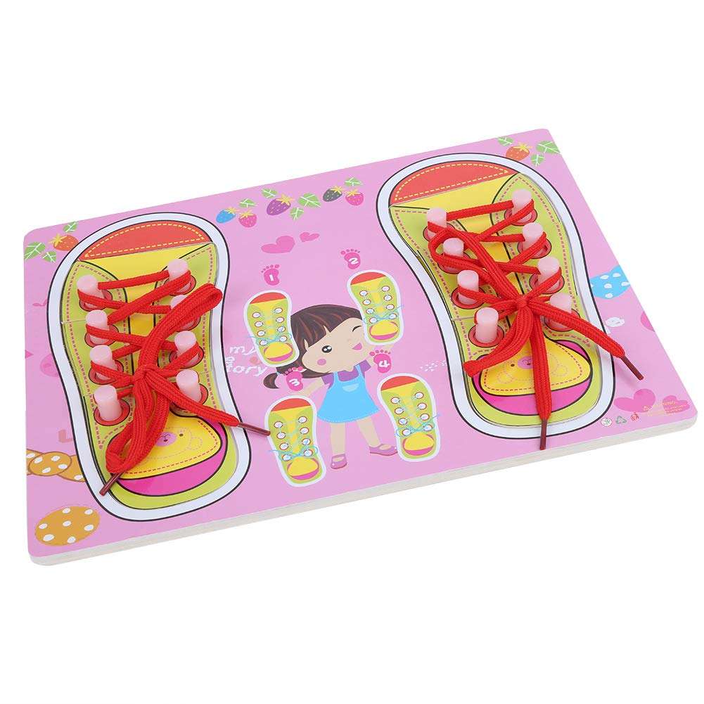Wooden Shoelaces Threading Toy, Educational Shoe Lacing Toys, Threading Teaching Thick Learning to Tie Shoes Toddlers for Baby Kids(QZM-Pink Laces) 4