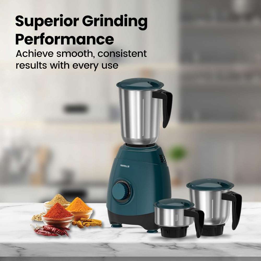 Havells ESO 750 Watt Mixer Grinder | 3 Stainless Steel Jars with Handles | 304 Rust-Resistant SS Blades | 21000 RPM High-Speed Motor | 5-Year Motor Warranty | Heavy-Duty Mixie (Teal) 6