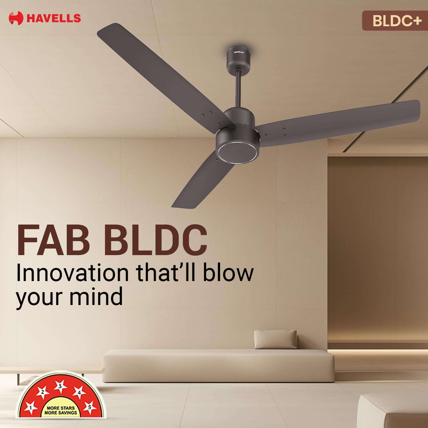 Havells FAB BLDC Ceiling Fan 1200mm, 380 RPM, Savings upto 65%, Reverse Rotation, 4 Modes (Boost, Sleep, Breeze, Mop), Low Wattage 30W, Low Noise, Air Flow:225 CMM, 3 Year Warranty, Cocoa Brown 4