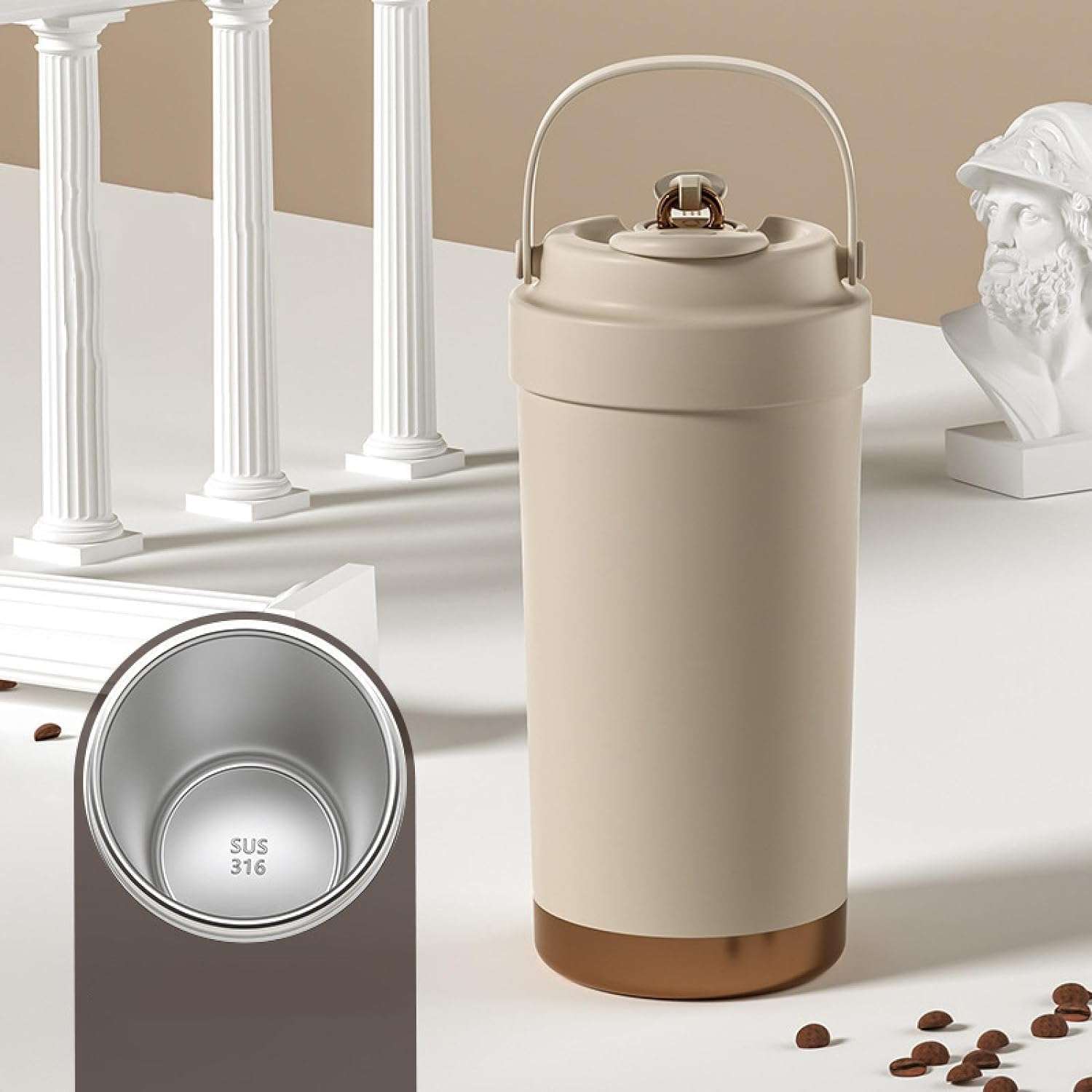 YELONA Vacuum Insulated 316 Stainless Steel Travel Mug/Flask/Thermos with Glass Straw, 8 Hours Hot/Cold Retention Coffee Tumbler (Almond Brown, 500ml) 4