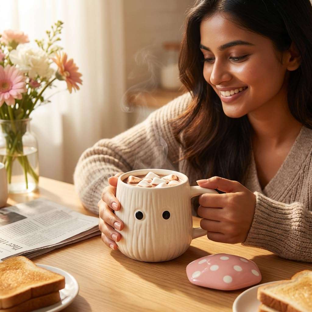 Kalaa By N Pink Mushroom Ceramic Mug with Lid 300ml | Handmade Coffee Tea Cup with Polka Dot Lid | Microwave Dishwasher Safe | Valentine Gift for Her Him | Home Decor Kitchen Dining India 3