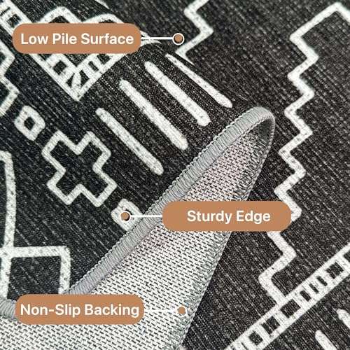 GENIMO Area Rug 3x5 Boho Chic Machine Washable Rugs for Living Room, Farmhouse Floor Cover, Geometric Print Thin Low Pile Carpet Mat with Non Slip Rubber Backing, Aztec Black 6
