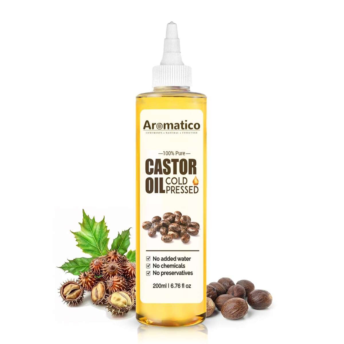 AROMATICO 100% Pure Cold-Pressed Castor Oil - 200ml. Promotes hair growth & hair health. Moisturizes Skin, Helps Reduce Wrinkles. Virgin Grade. For All Hair & Skin Types. 1