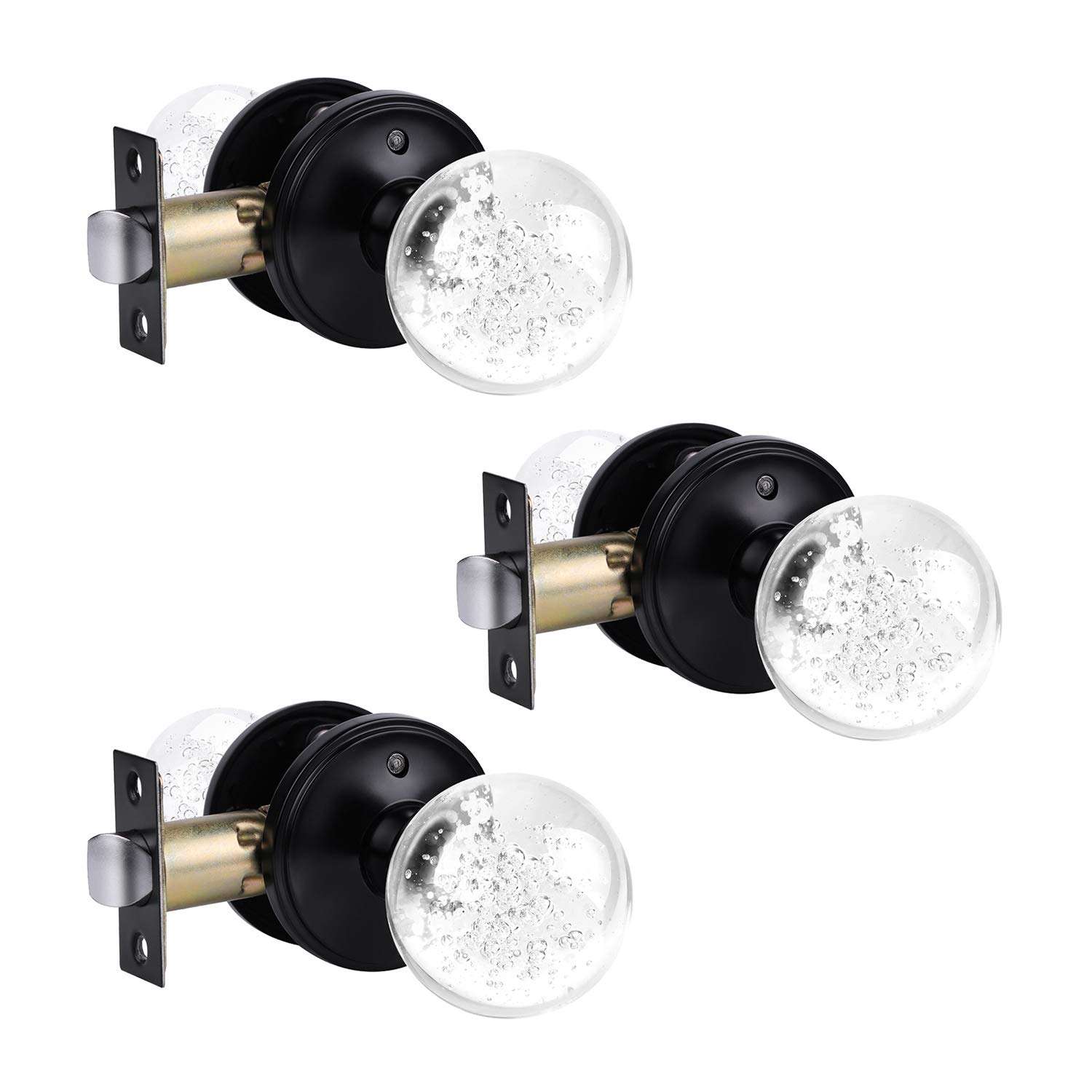 KNOBWELL 3 Pack Crystal Door Knobs with Lock Matte Black Door Knobs Keyless Round Interior Door Knobs Privacy Glass Door Knobs 1