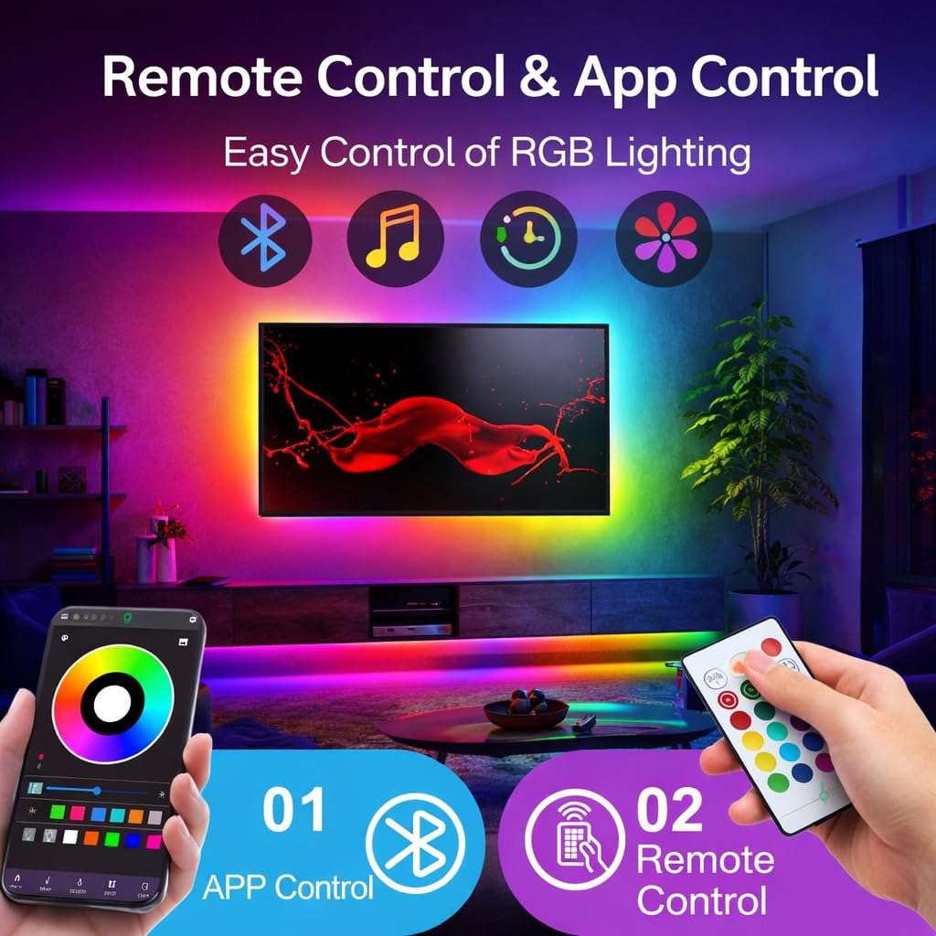 Gesto 5 Meter RGB LED TV Backlight with App & Remote Control | Music Sync, Bluetooth, 16 Million Colors | 5V USB Powered Bias Lighting for 55–80 Inch TVs | Ambient Strip Light for PC, Bedroom, Gaming 3