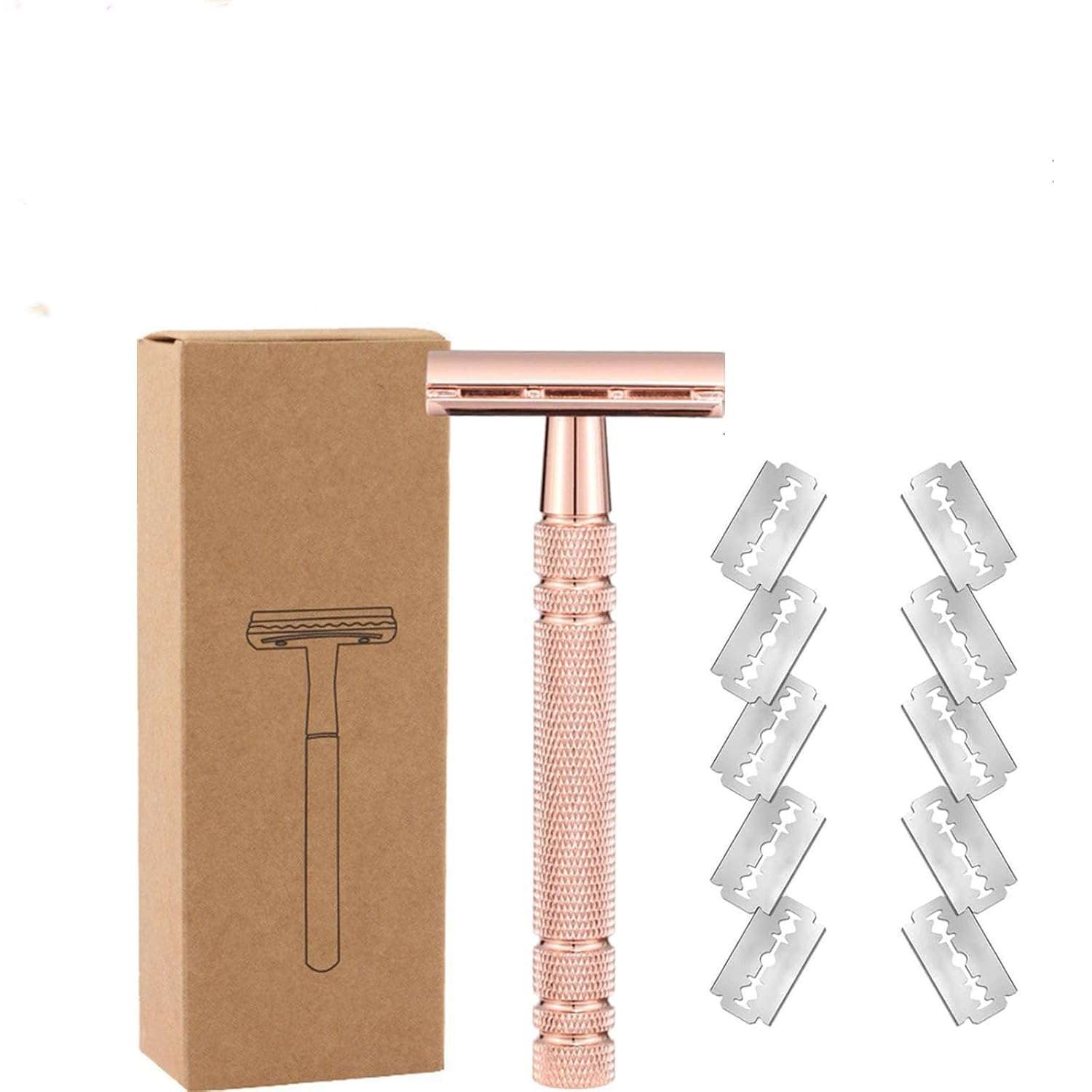 Safety Edge Reusable Shaving Razor with Support Stand and 10 Platinum Coated Double Edge Exfoliating Glove Safety Razor Blades - Razors for Women and Men Suitable for Gifts (Pink)