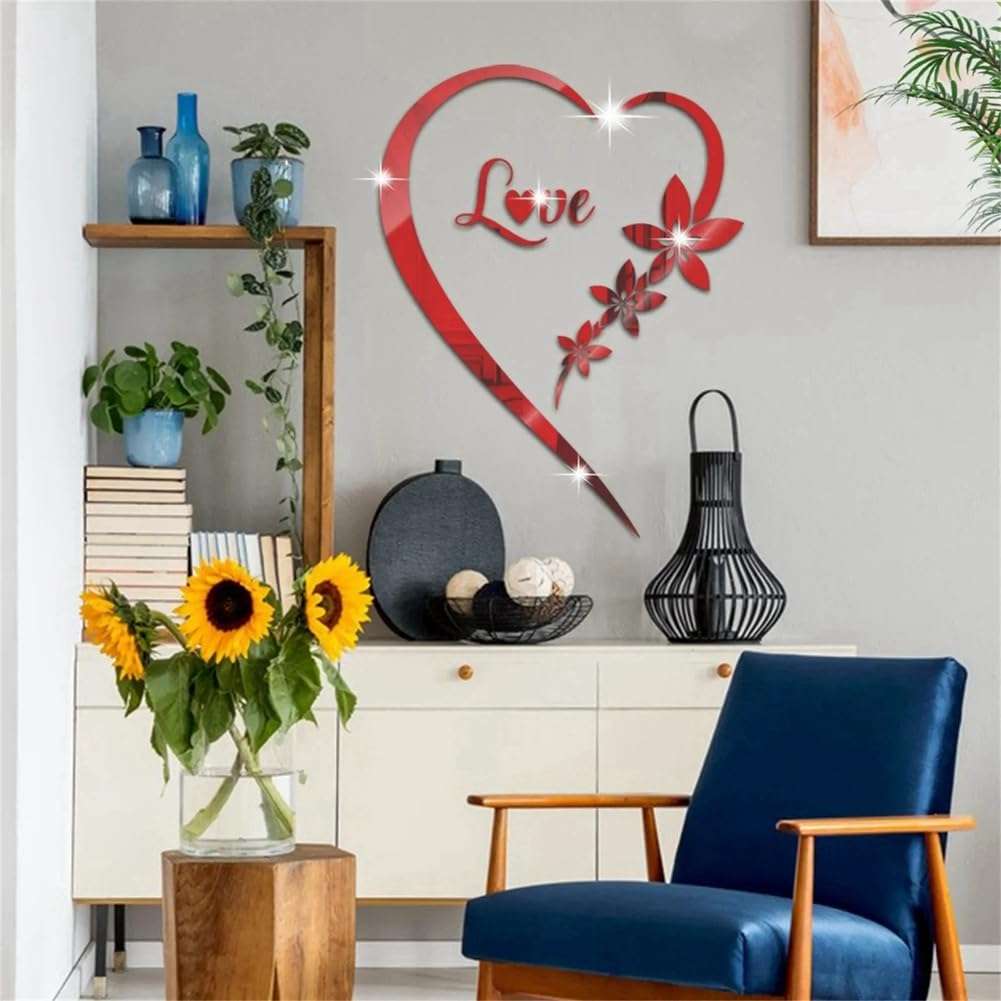 Bloepum 2pcs Love Acrylic Mirror Stickers Heart-Shaped Bedroom Living Room TV Background Wall Home Decoration Red 5
