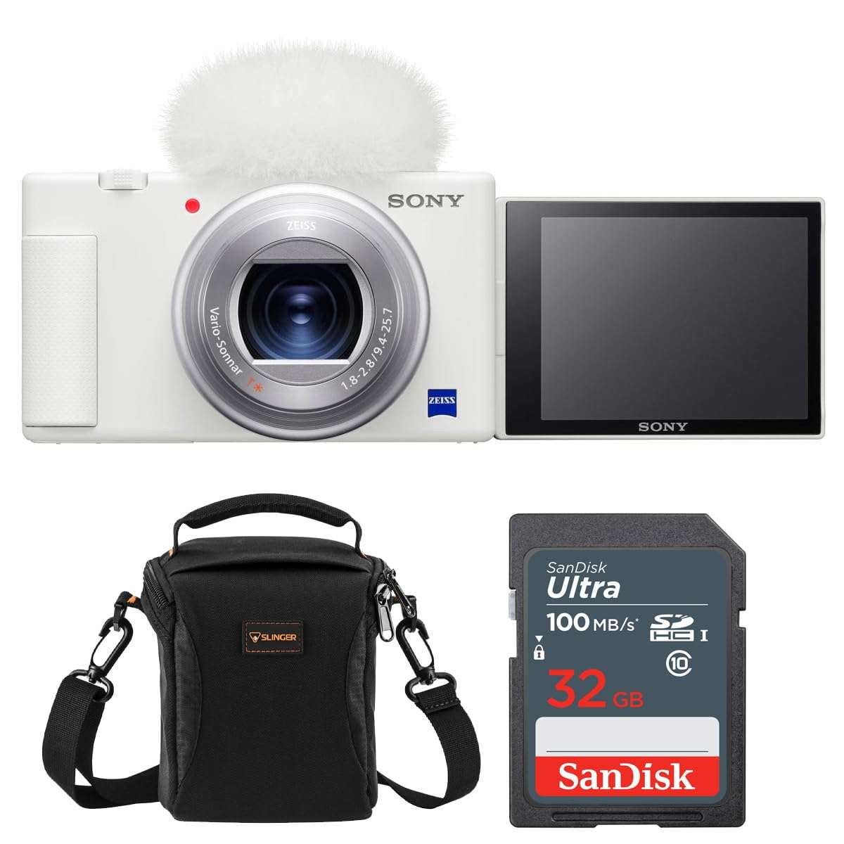 Sony ZV-1 Compact 4K HD Camera, White, Bundle with 32GB Memory Card and Shoulder Bag 1