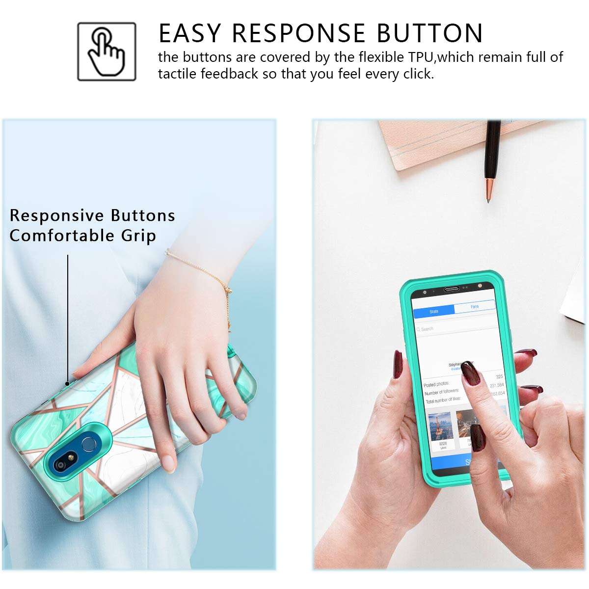 Hekodonk for LG K40/ LG K12 Plus/LG X4 (2019)/LMX4 Case Built in Screen Protector Heavy Duty High Impact PC TPU Full Body Protective Shockproof Anti-Scratch Cover for LG K40 -Marble Mint 6