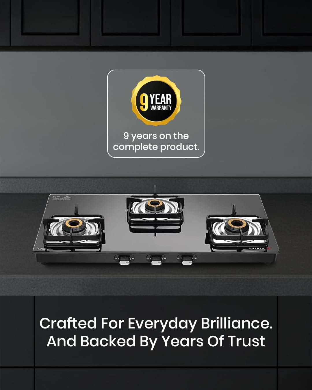 Sujata Classic Gas Stove | 9 Years Warranty | 3 Burner Gas Stove Glass Top, Stove 3 Burner, Gas Stove 3 Burners, SABAF, ISI Certified, LPG & PNG Compatible, Jumbo Brass Burner (Black) 6