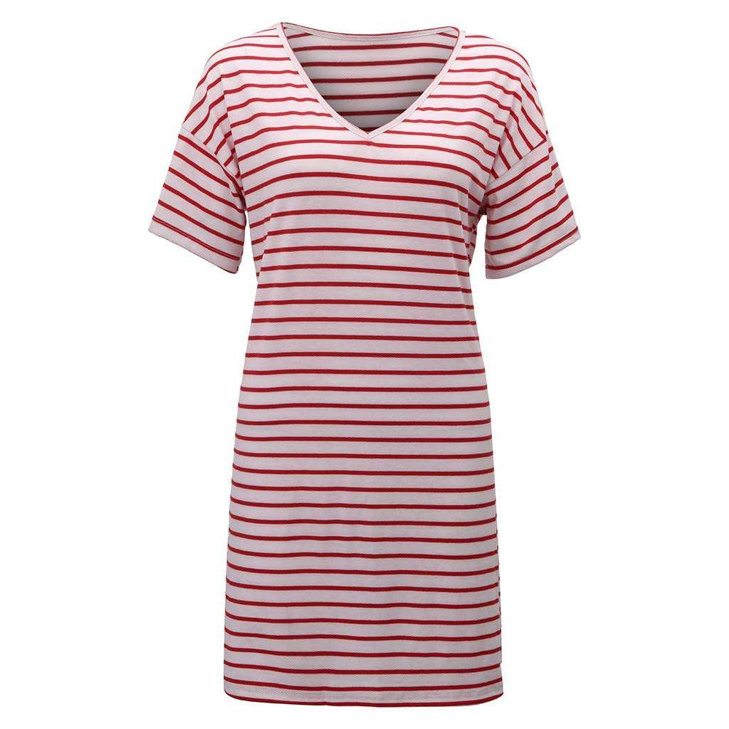 Fashion Womens T-Shirt Dresses V-Neck Short Sleeve Striped Print Casual Loose Mini Skirts Plus Size (L4, Red)