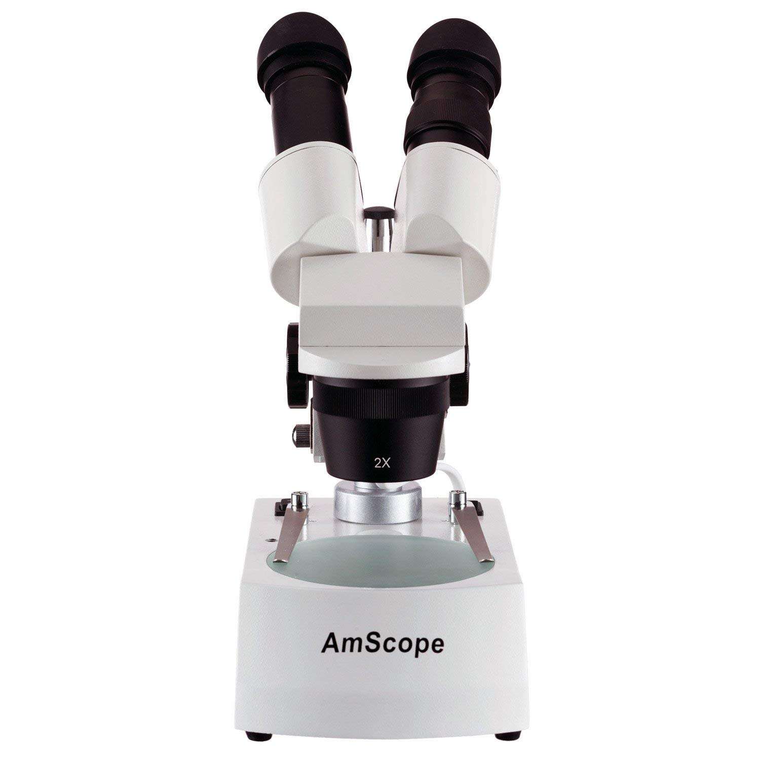 AmScope SE306-P-DK Binocular Stereo Microscope, WF10x Eyepieces, 20X and 40X Magnification, 2X and 4X Objectives, Upper and Lower Halogen Lighting, Reversible Black/White Stage Plate, Pillar Stand, 120V, Includes Darkfield Condenser 6