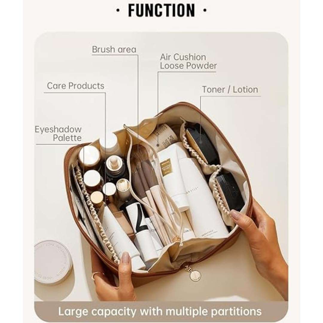 Sprqcart Large Capacity Travel Cosmetic Bag With Handle And Divider - Multifunctional Makeup Bag For Easy Access, Waterproof- (-Brown), 10 Cms 5