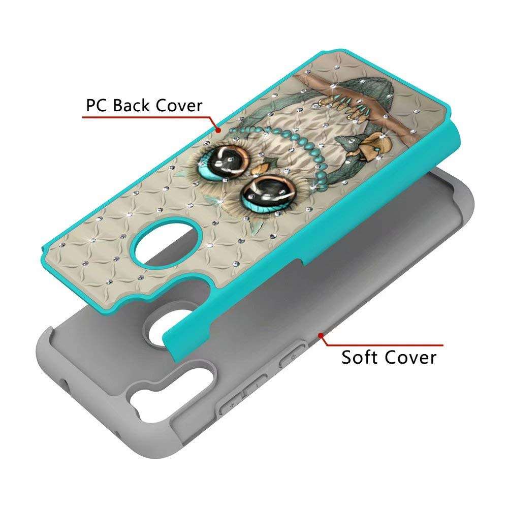 Lantier Heavy Duty Glitter Bling Hybrid Dual Layer 2 in 1 Hard Cover Soft TPU Impact Armor Defender Protective Shockproof Diamond Case for Samsung Galaxy A21 Owl 5