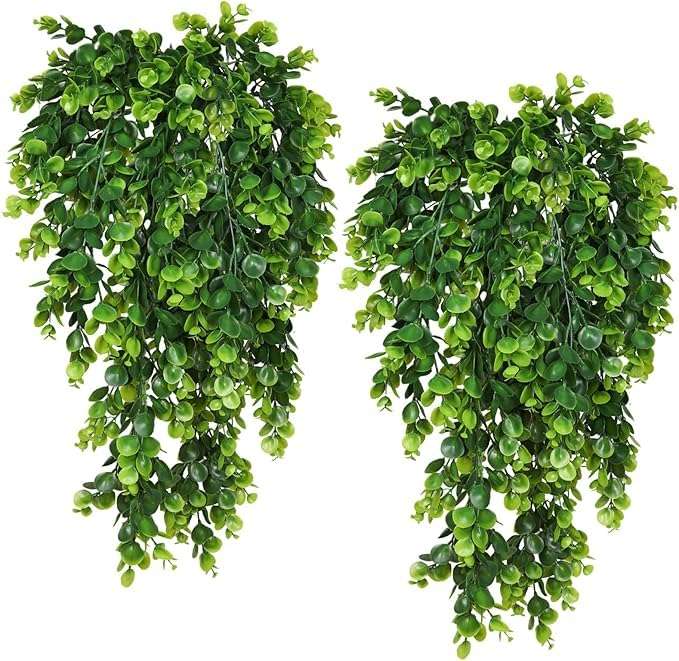 Dekorly 2 Pack Artificial Plants Artificial Hanging Plants Faux Eucalyptus Leaf Greenery Fake Hanging Eucalyptus Plant for Wall House Room Patio Indoor Outdoor Home Shelf Office Decor(Green)