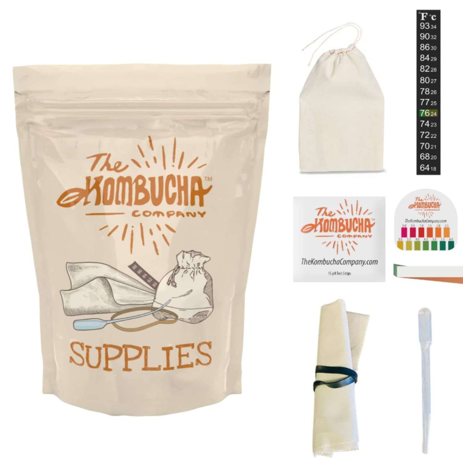 The Kombucha Company Kombucha Brewing Supply Bag | Pipette | Ph Stripe | Cloth Cover | Rubber Band | Adhesive Thermometer And Reusable Tea Bag 4