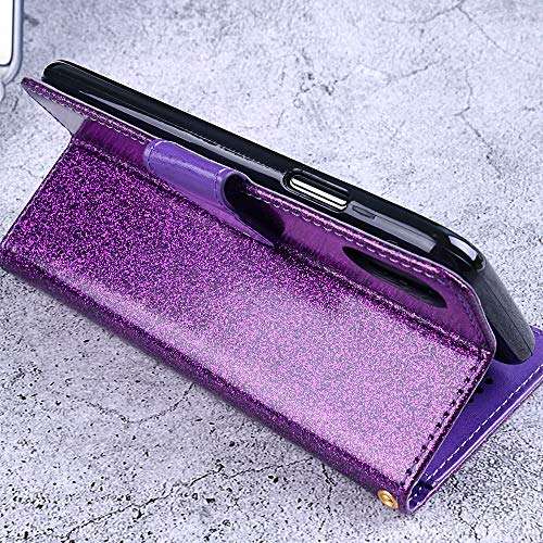 Glitter Wallet Phone Case for Moto G8 Power with Tempered Glass Screen Protector Cover and Card Holder Kickstand Motorola G8Power MotoG8Power G 8power 8 MotoG8 8th Gen 5G Bling Leather Cases Purple 6