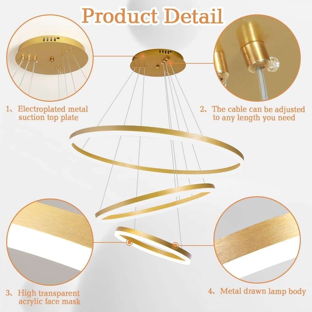 Desidiya® Modern Double 3-Ring LED Pendant Light Lamp - Warm White Hanging Ceiling Pendant Light, Elegant Finish for Home & Living Spaces & Living Room Ceiling Light 5