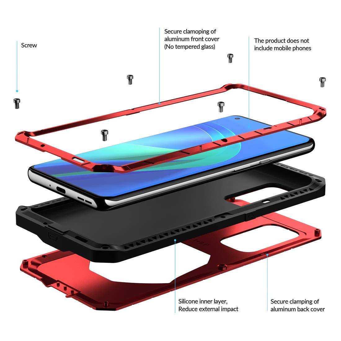 Foluu for Oneplus 9 Pro Case, for OnePlus 9 Pro 5G Case Heavy Duty, Aluminum Metal Shockproof Bumper Frame Case Soft Rubber Silicone Military Heavy Duty Hard Case for Oneplus 9 Pro 5G 2021 (Red) 2