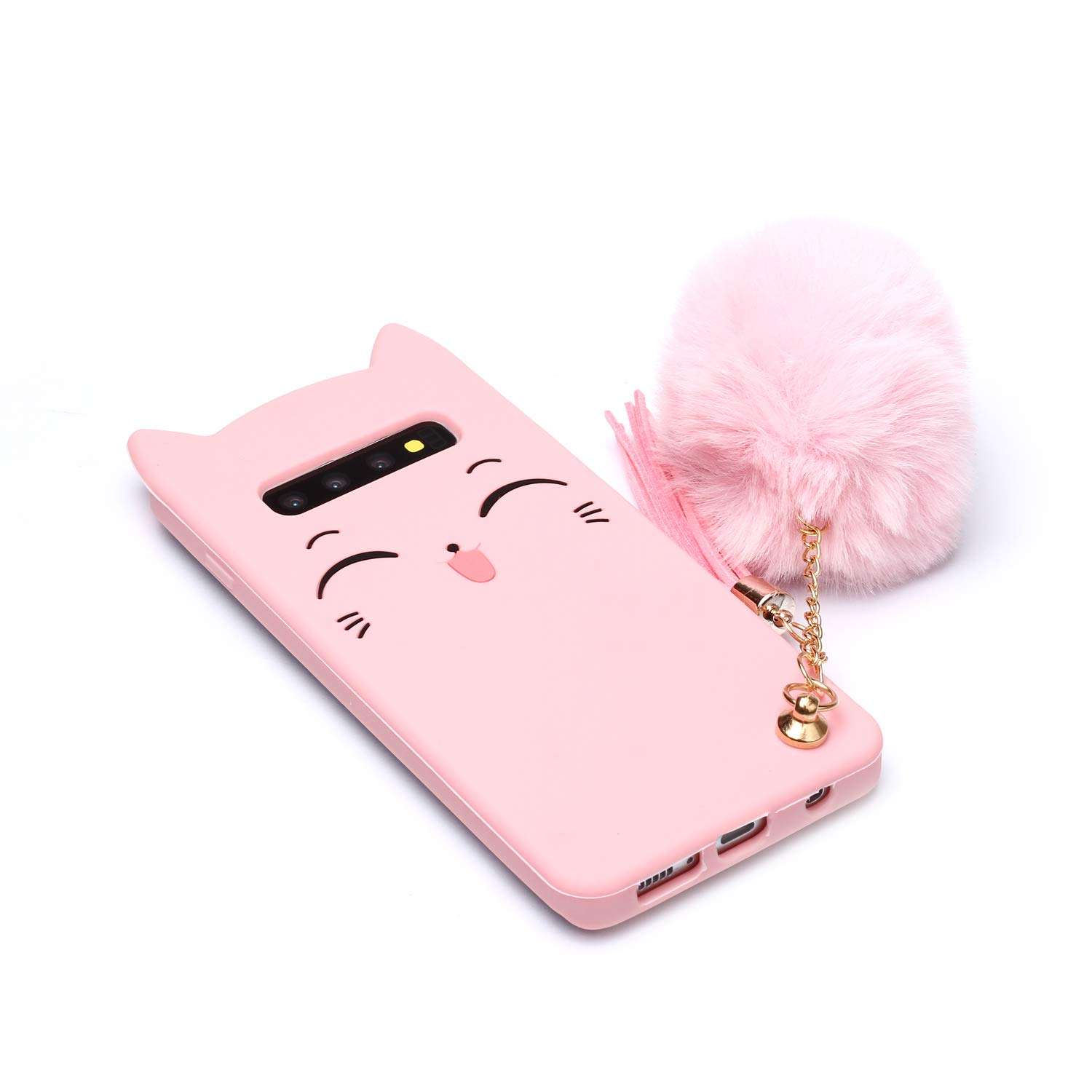 Galaxy S10 Cat Case, Galaxy S10 Silicone Case, Fashion Cute 3D Pink Meow Party Cat Kitty Kids Girls Lady Protective Cases with Pompom/Strap Soft Case Skin for Samsung Galaxy S10 4