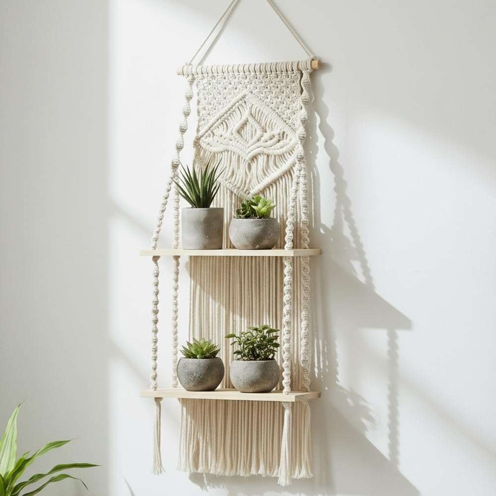 Decazone Macrame Indoor Wall Hanging Shelf Chic Decor Wood Floating Boho Shelves with Wooden Dowel Hand Woven Bohemian Decor for Apartment Dorm Bedroom Living Room Nursery Beige (2 Tier) 1
