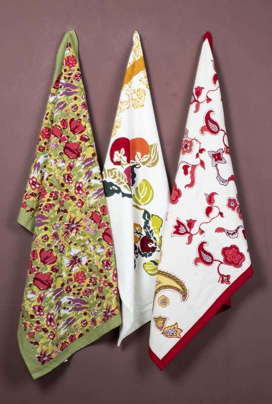 CONTRAST LIVING Ritika Hand Block Printed Kitchen Towel/Dish Towel/Hand Towel Multi Color Set of 3 Pcs 1