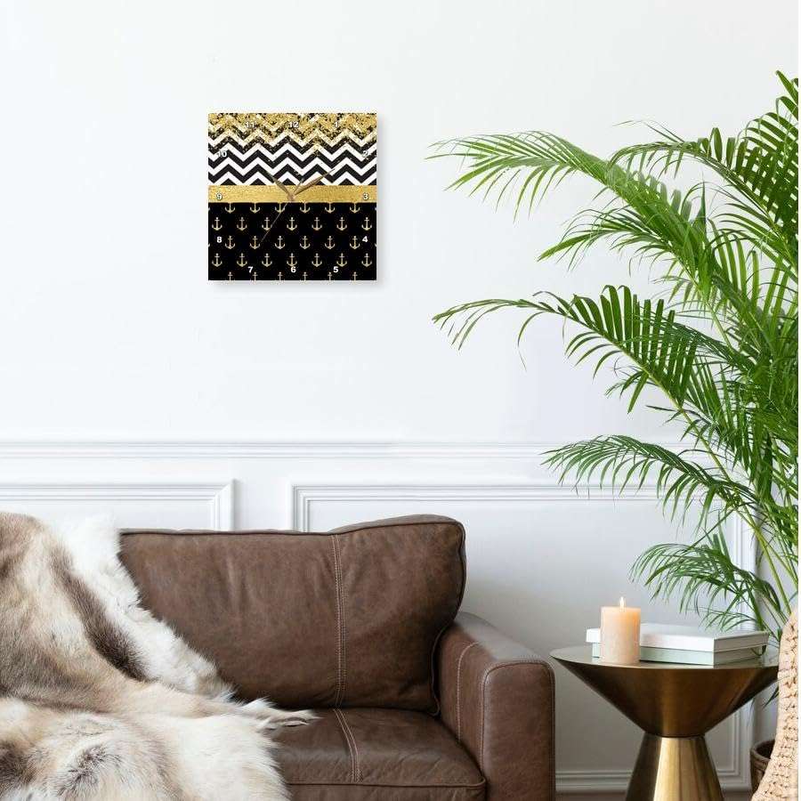 3dRose Wall Clock Silent - 10 inch - Image of Glam Black, White, Gold Faux Glitter Chevron Stripes, Sailing Anchors - Patterns 2