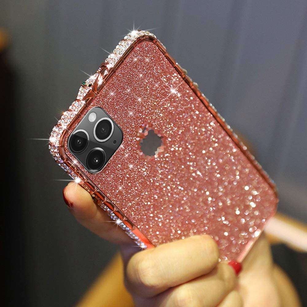 Case for iPhone 11 Pro Cover,Girl Women Luxury Sparkly Bling Glitter Rhinestone Diamond Metal Button Bumper Case Cover & Shiny Glitter Sticker Protective Cover for iPhone 11 Pro Diamond Case,Rose Gold 3