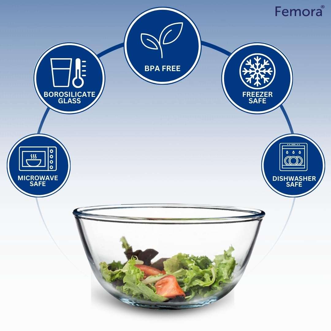 Femora Borosilicate Glass Mixing Bowl | Microwave Safe Bowl | Oven Bowls |1 Year Warrnty | Set of 4 (1650 ML, 2100 ML, 2650 ML, 3600 ML),Transparent 4