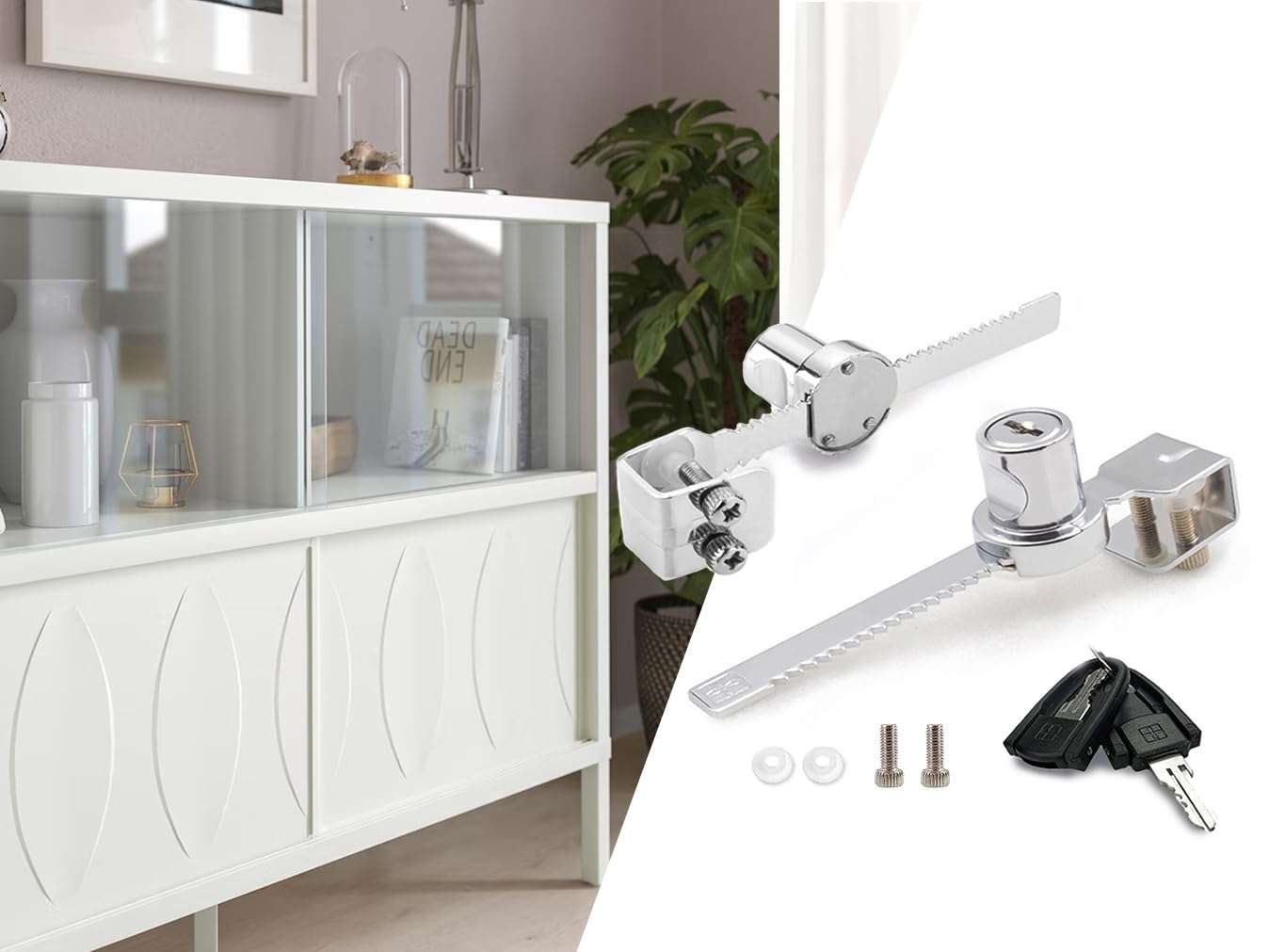 XIEHE 318 Sliding Window Locks, Closet Locks for Sliding Glass Doors with 2 Keys, Display Cabinet Showcase Lock with Chrome Finish, No Drill Burglar Bars for Sliding Doors (2 Pack, Keyed Different) 4