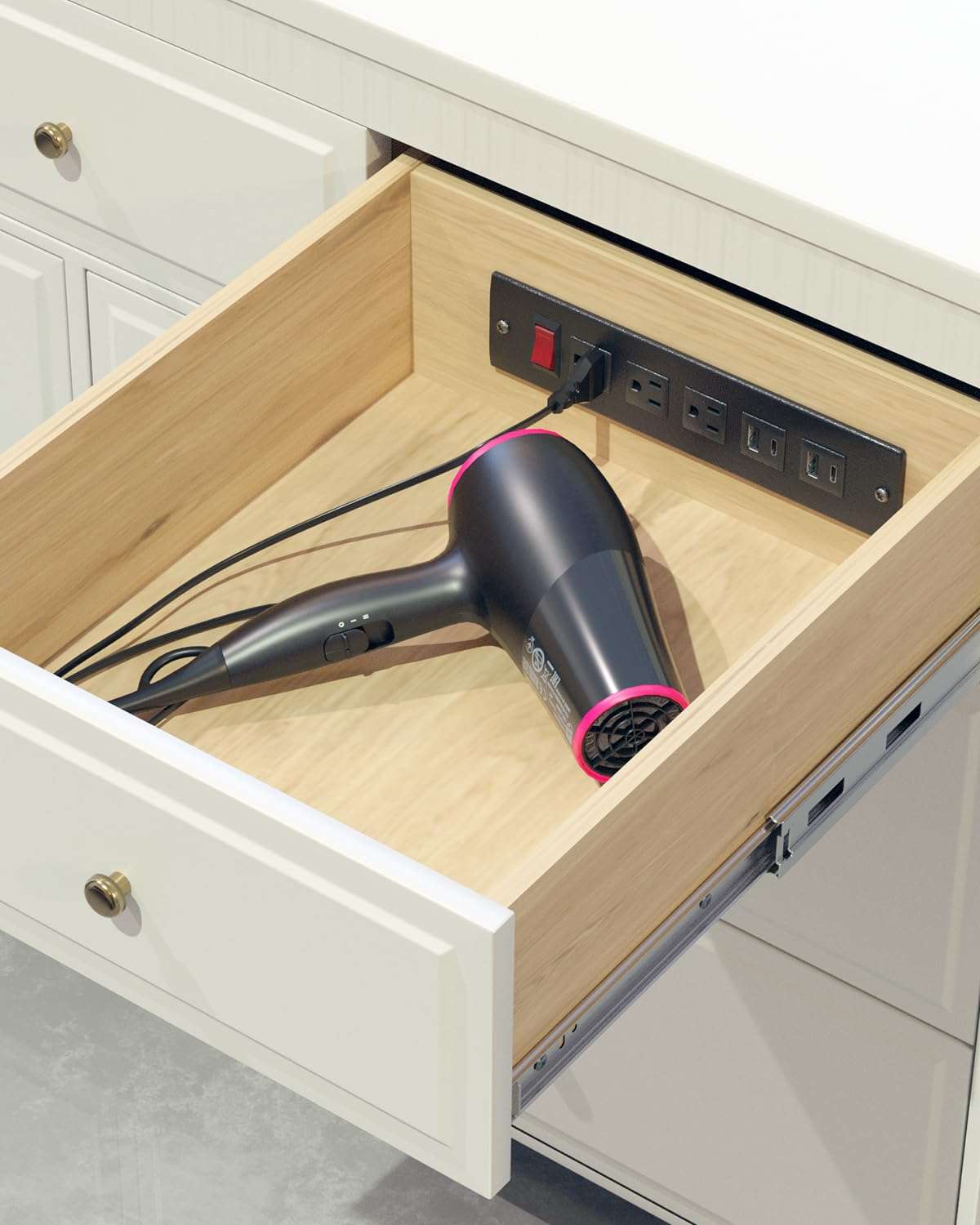 JACEPFY Drawer Outlet Kit with Typec PD20w Fast Charger Station, TR Outlet and 14AWG Power Cable Arm for Kitchen Bathroom Cabinets (Black) 3