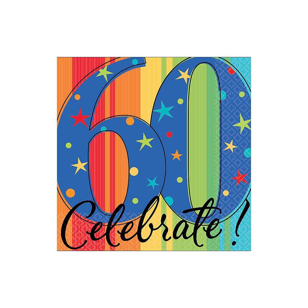 A Year to Celebrate 60th Birthday Party Stars and Rainbow Beverage Napkins Tableware, Pack of 16, Multi , 5"x5" Paper 2