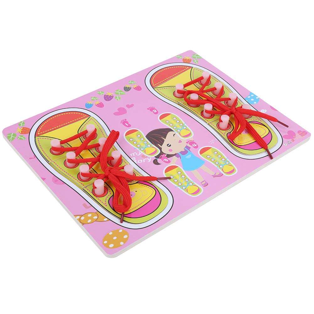 Wooden Shoelaces Threading Toy, Educational Shoe Lacing Toys, Threading Teaching Thick Learning to Tie Shoes Toddlers for Baby Kids(QZM-Pink Laces) 2