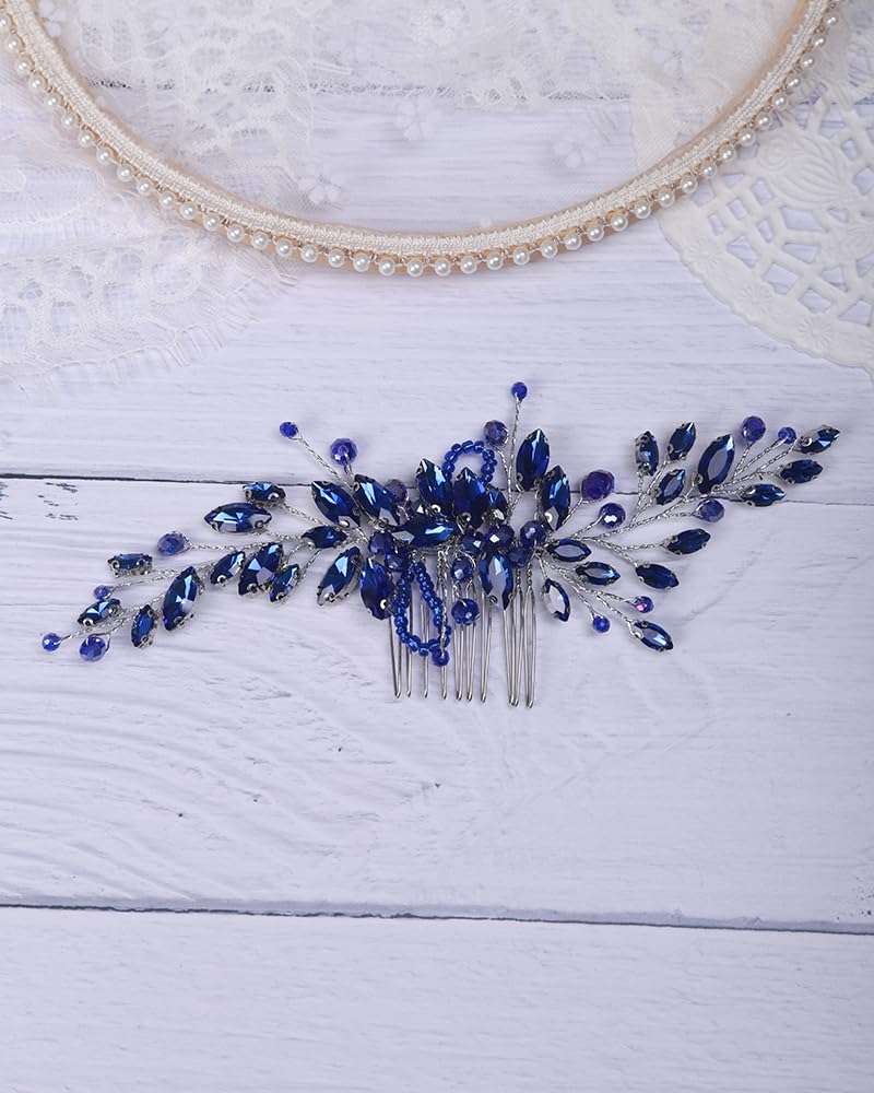 Rumtock Blue Hair Comb with Earrings for Women Girls Wedding Bridal Hair Piece Handmade Bnaquet Prom Jewelry 6