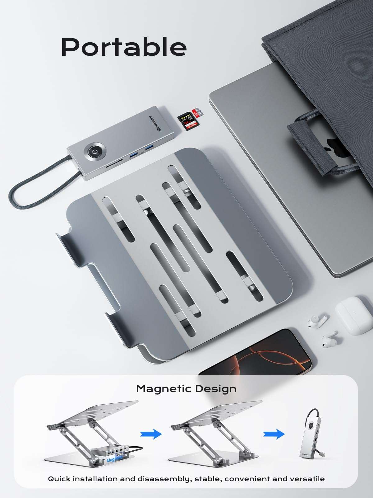 minisopuru USB C Laptop Docking Station Stand with 4K HDMI, 100W PD, Docking Station for MacBook Pro/Air/Dell/HP/Surface, Adjustable Laptop Stand for 10-17" Laptops & Tablet(4 USB A, RJ45, SD3.0) 6