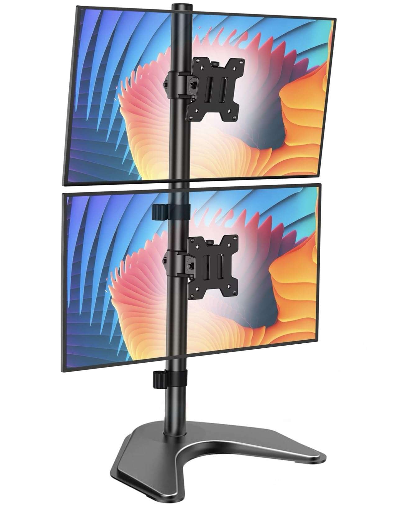 HUANUO Dual Monitor Stand,Vertical Stack Screen Free-Standing Holder LCD Desk Mount Fits Two 13 to 32 Inch Computer Monitors with C Clamp Grommet Base Stacking Displays Tilt Swivel Height Adjustable 1