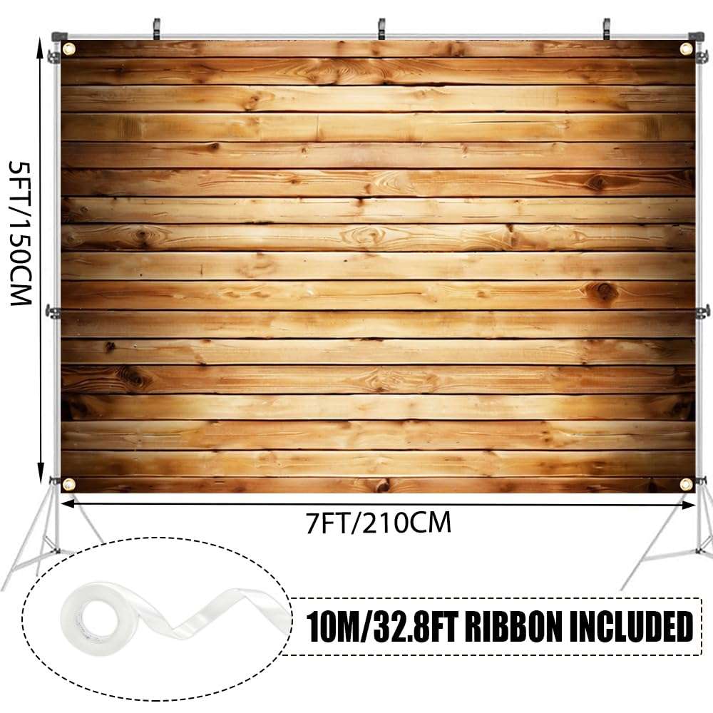 7x5FT Wooden Backdrop with Ribbon & 4 Brass Grommets, Rustic Wood Backdrop for Photography, Vintage Brown Wood Wall Background for Baby Shower, Wedding, Birthday, Party Decorations 5