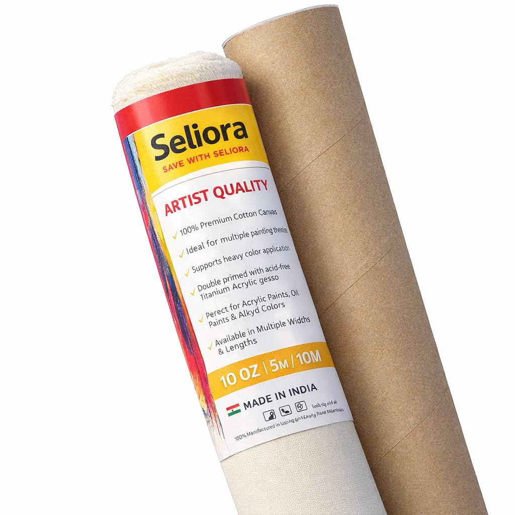 Seliora™ Premium Cotton Canvas Roll for Painting, "Artist" Series (24” inch x 5 Meter) White, Medium Grain Double-Primed Artist Canvas Roll for Oil, Acrylic & Alkyd (24" x 5 Mtr)