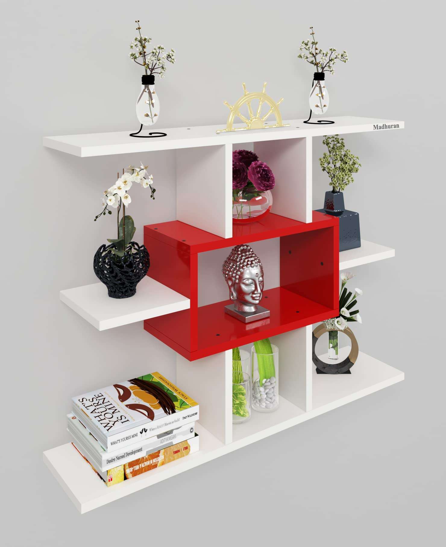 Madhuran Wooden Intersect Display Showcase Wall Mounted Shelves Color White Red 3