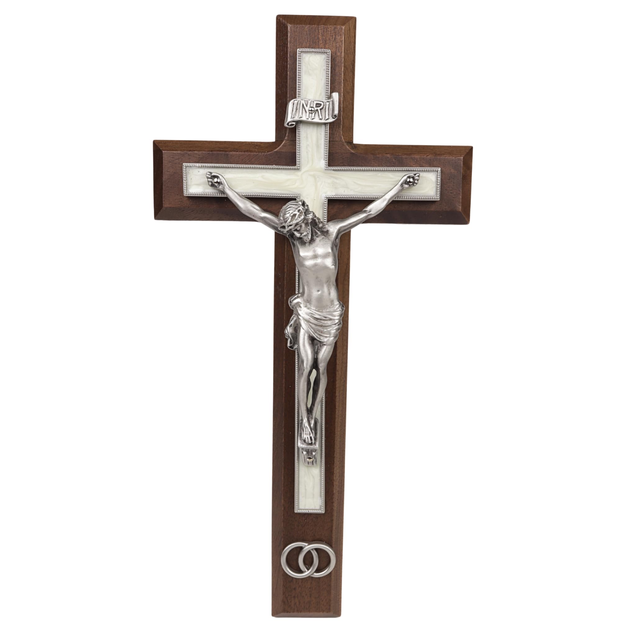 Needzo Walnut Wood Crucifix with Pewter Corpus and Wedding Rings, Marriage Gifts for Couples, Religious Ceremony, 10 Inches 1