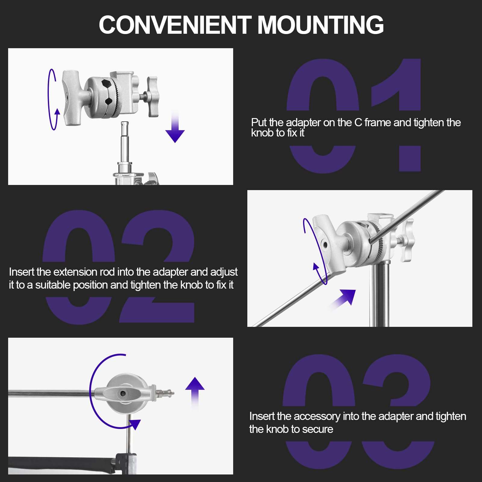 WELLMAKING Heavy Duty Grip Head 2.5inch Swivel Head Holder Adapter, Multi Functional Clamp Duty for Light Stand, Extension Boom Arm and Other Photographic Equipment with 1/2,1/4,3/8,5/8-inch Mount 4