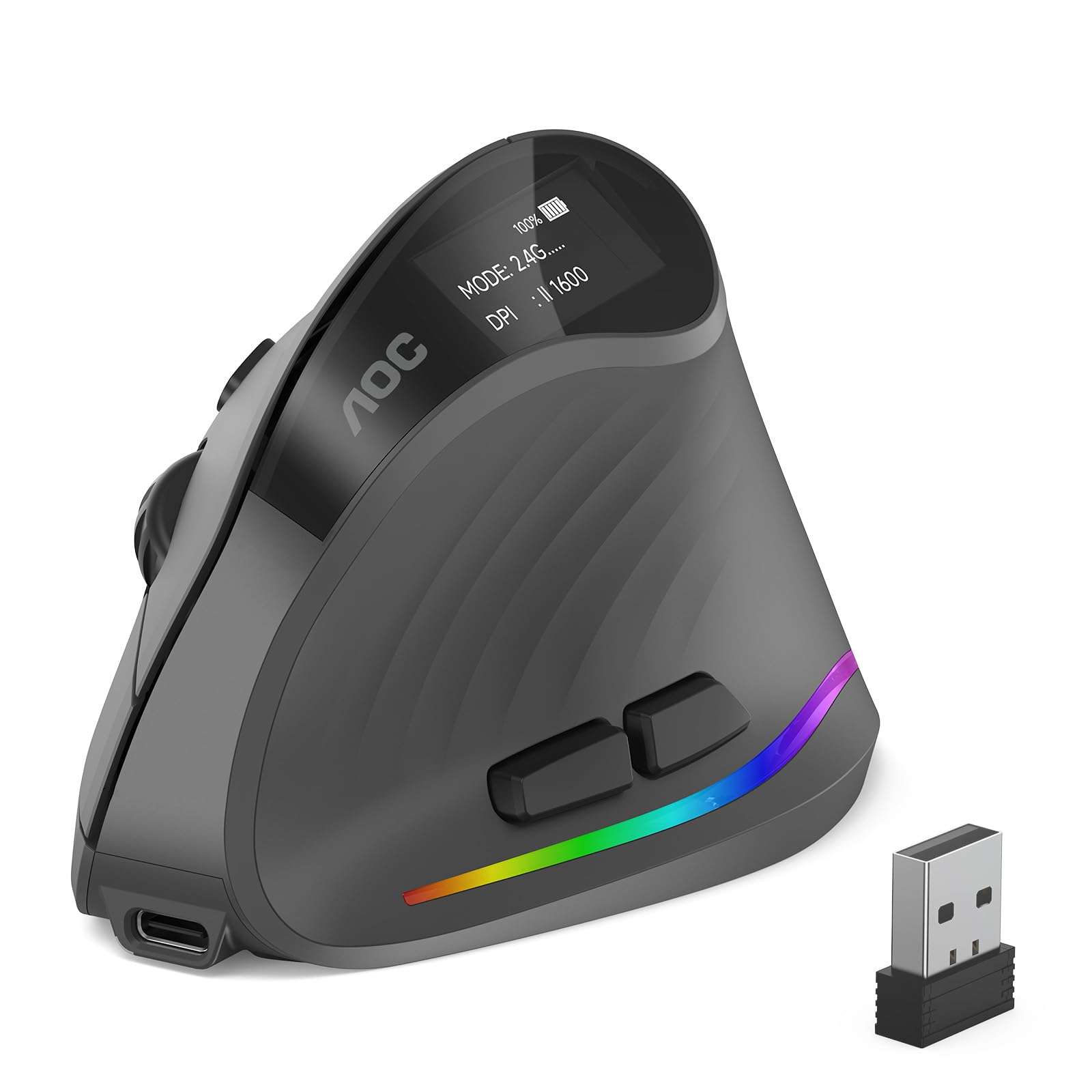 AOC 2.4GHz Ergonomic Mouse, Wireless Bluetooth Vertical Mouse for Work, 4800 DPI Optical Tracking, 5 Adjustable DPI, Quiet Clicks, RGB Light, Compatible with Computer, Laptop, PC, Mac, Desktop - Gray 1