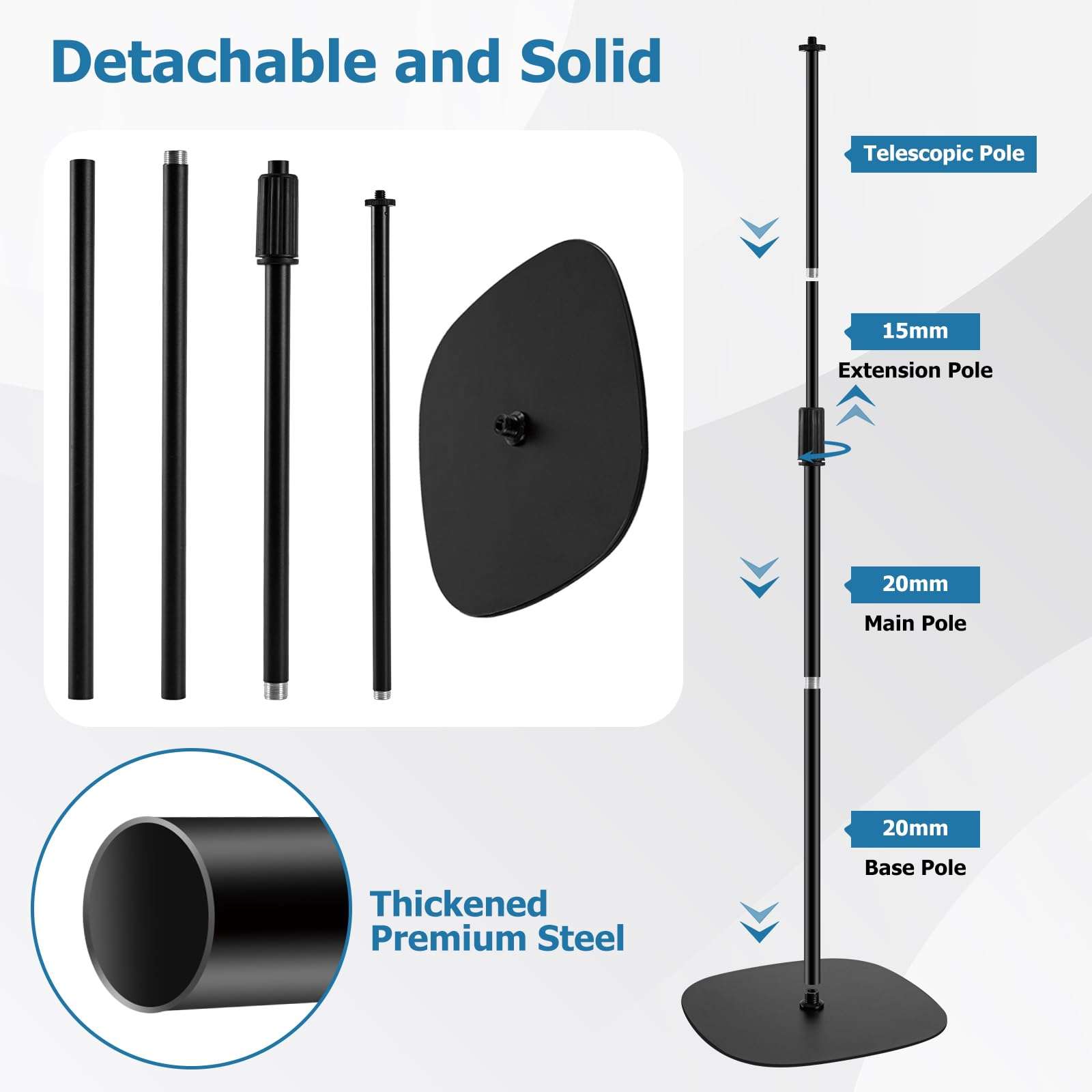 BILIONE Microphone Stand Floor, 22"-70" Height Adjustable Boom Mic Stand with Weighted Base, 2 Clips & 3/8'' to 5/8'' Adapter Compatible with Blue Yeti HyperX QuadCast Shure SM58 (Mic Stand Floor) 6