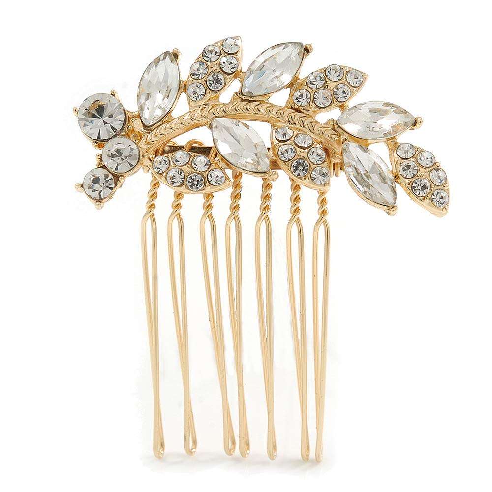 Small Bridal/Wedding/Prom/Party Gold Plated Clear Crystal Leaf Hair Comb - 50mm 1